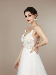 Plunging Neck Applique Wedding Cami Dress