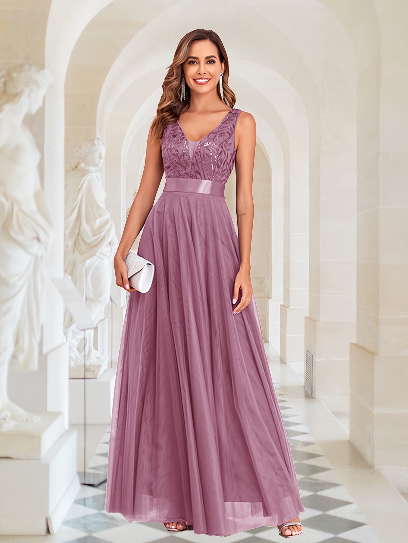 Deep V-Neck Embroidered Tulle Wedding Dress