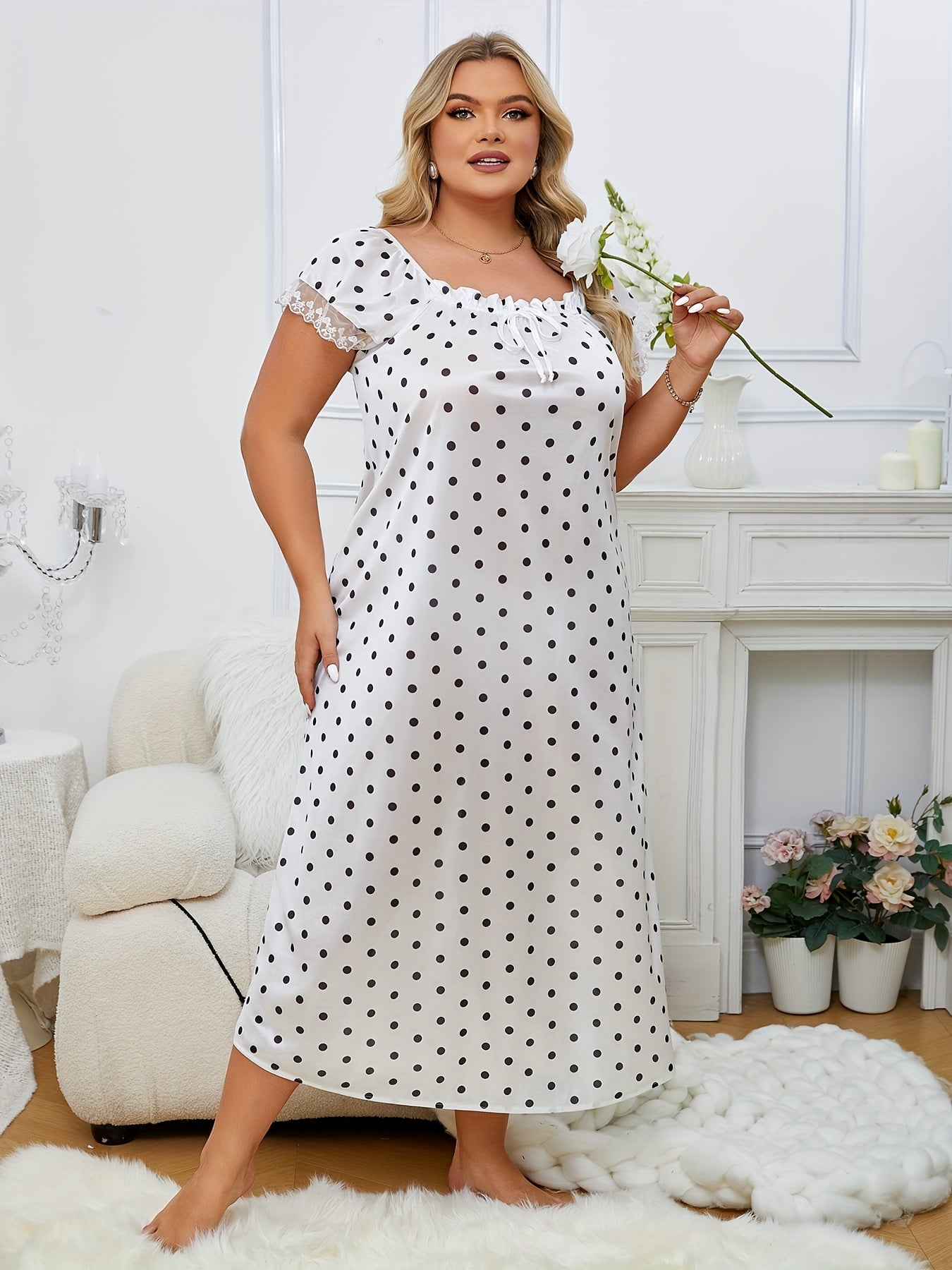 Plus Size Polka Dot Satin Night Dress