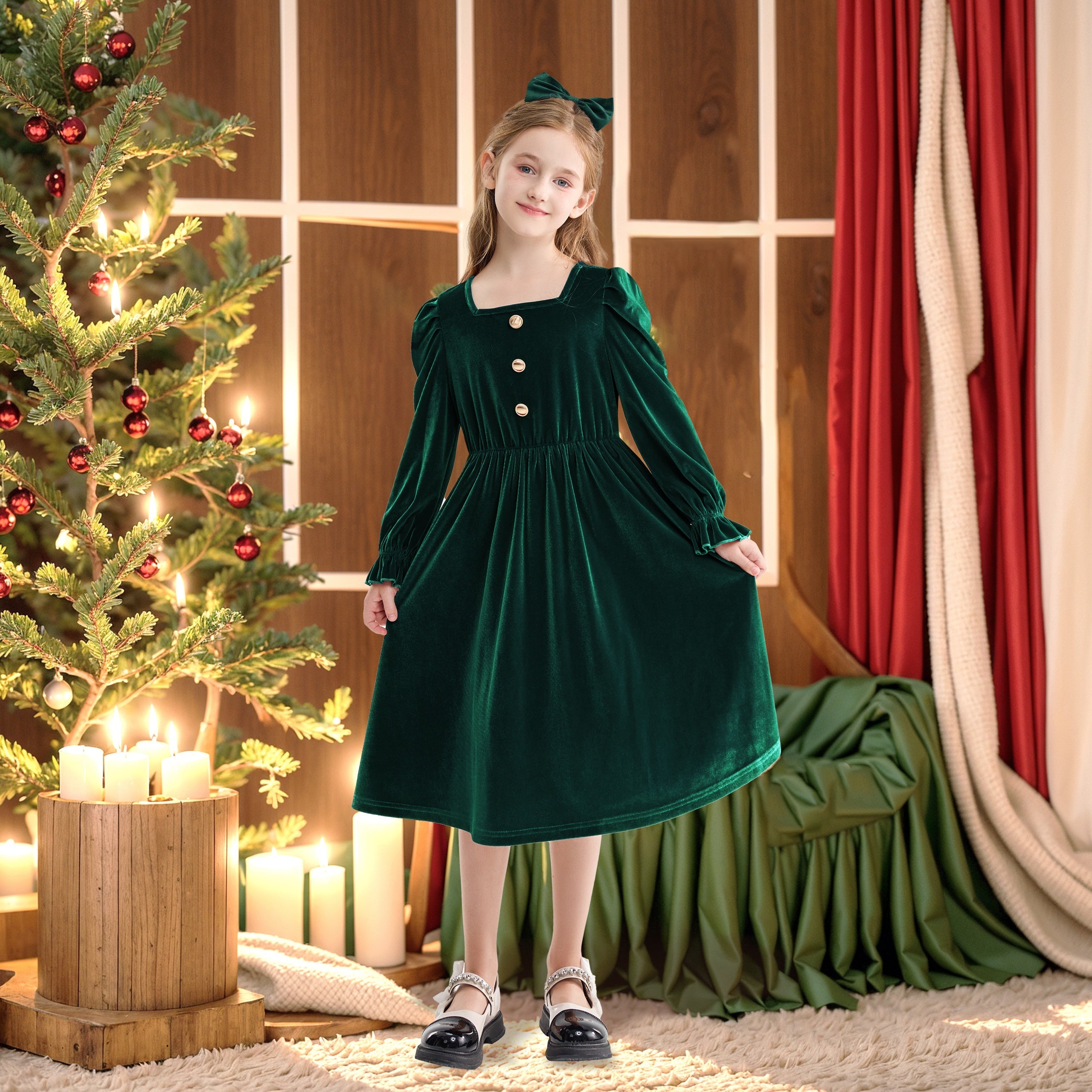 Vintage Velvet Pleated Party Dress for Girls