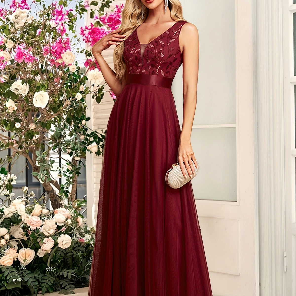 Deep V-Neck Embroidered Tulle Wedding Dress