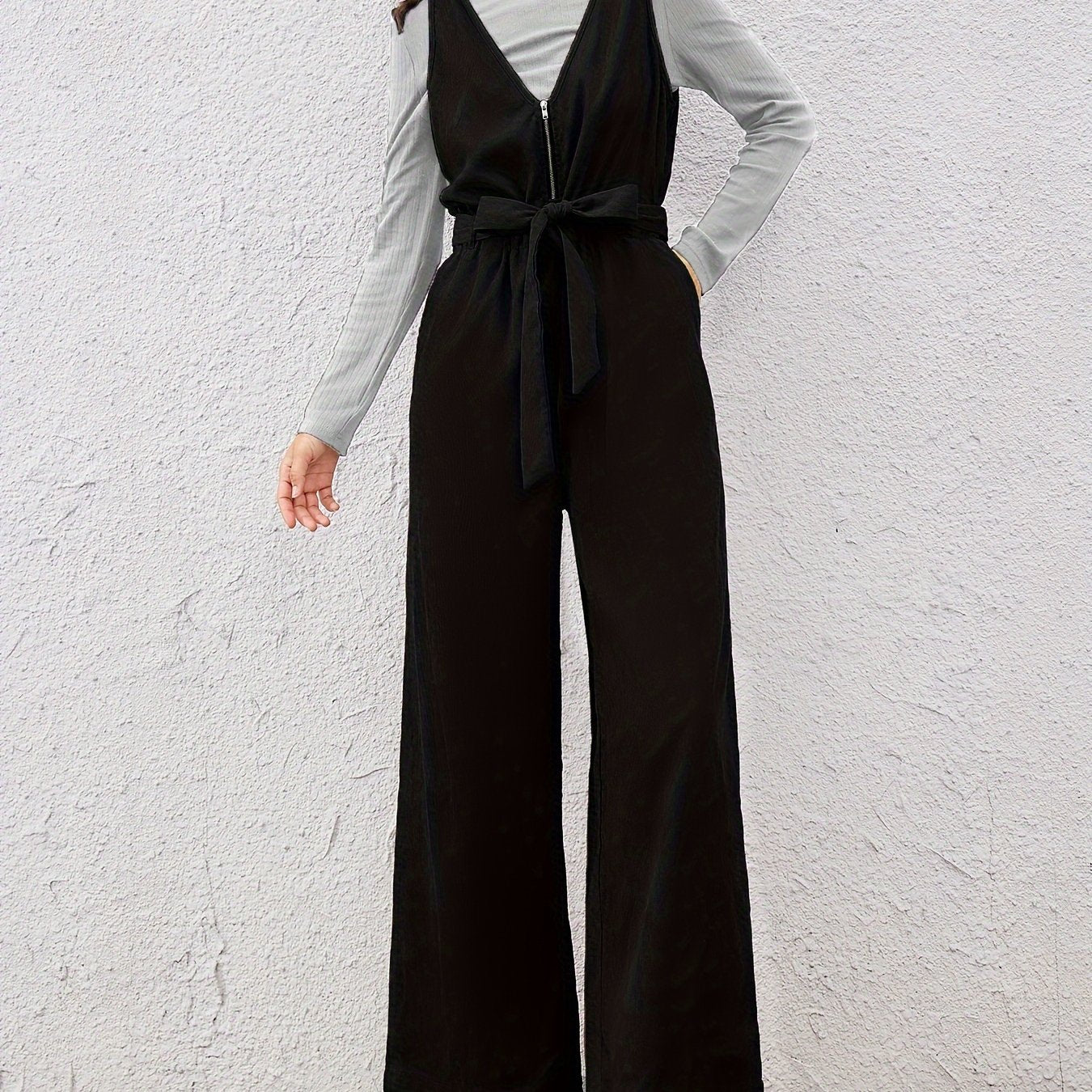 Women Belted V-Neck Zipper Jumpsuit