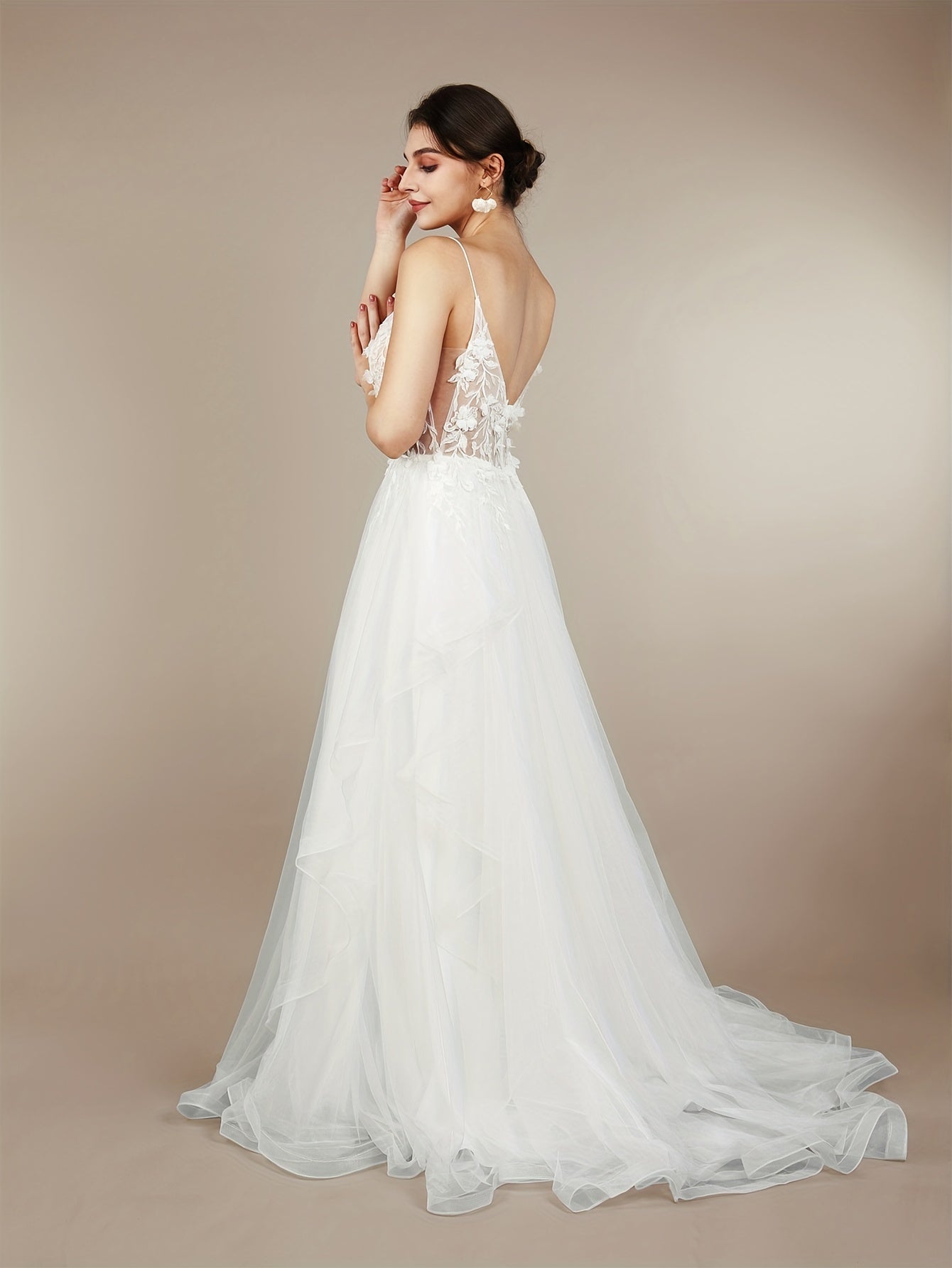 Plunging Neck Applique Wedding Cami Dress