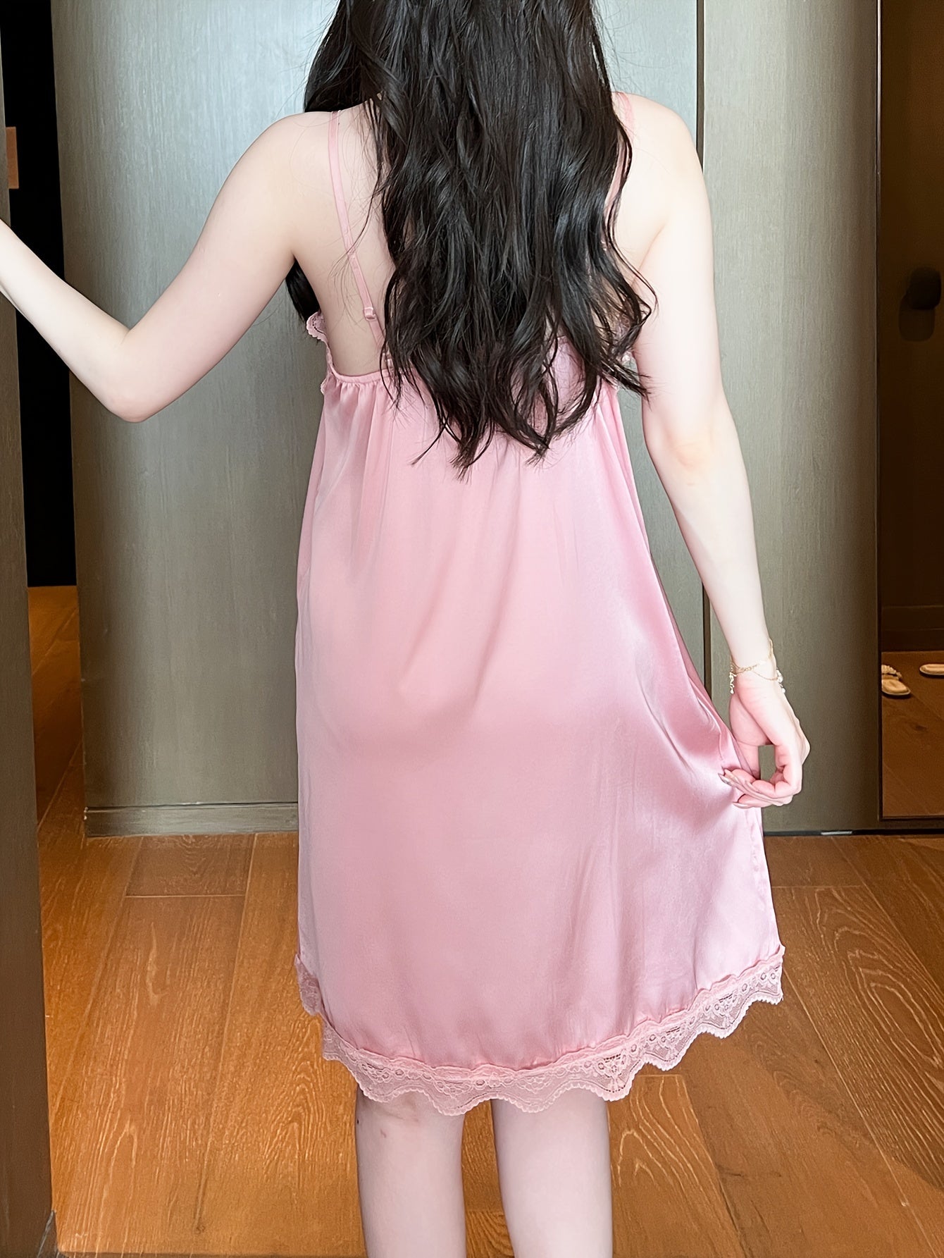 Women Satin Lace Trim Night Dress