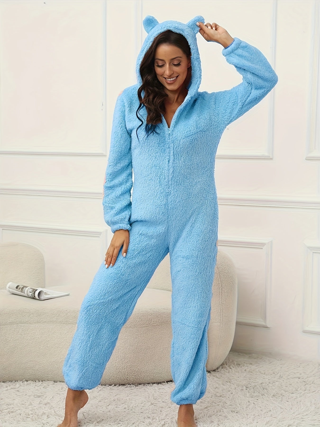 Women Hooded Fuzzy Lounge Jumpsuit