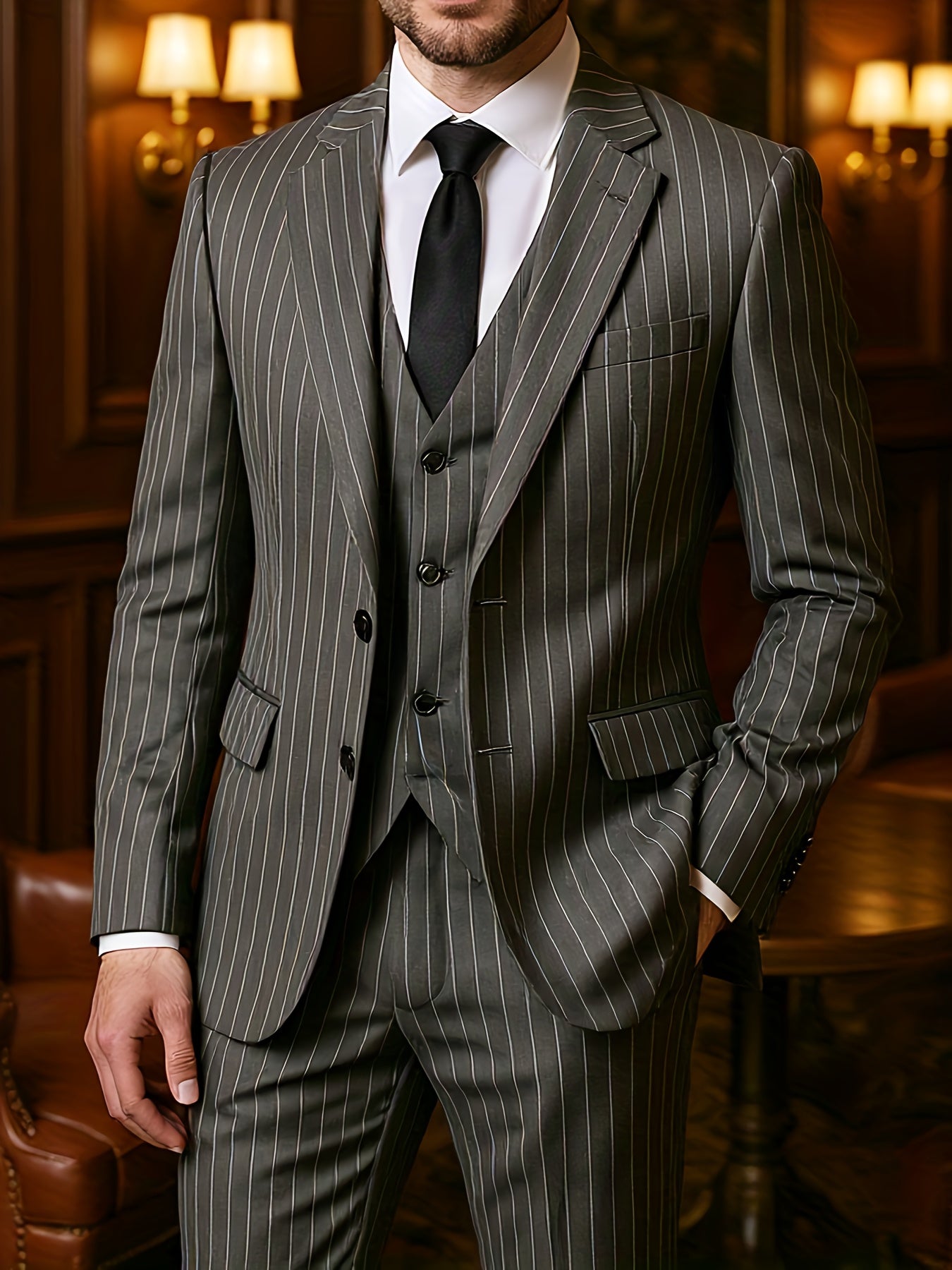 Men’s Three-Piece Vertical Stripe Suit Set