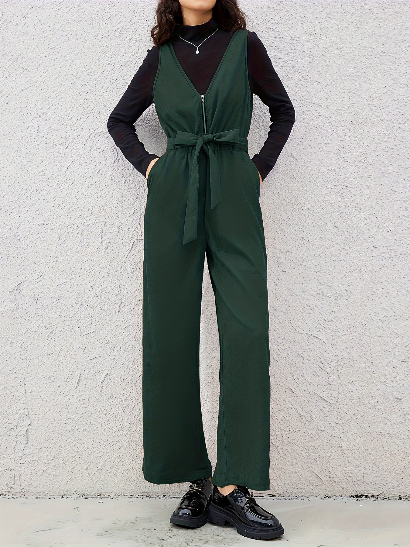Women Belted V-Neck Zipper Jumpsuit