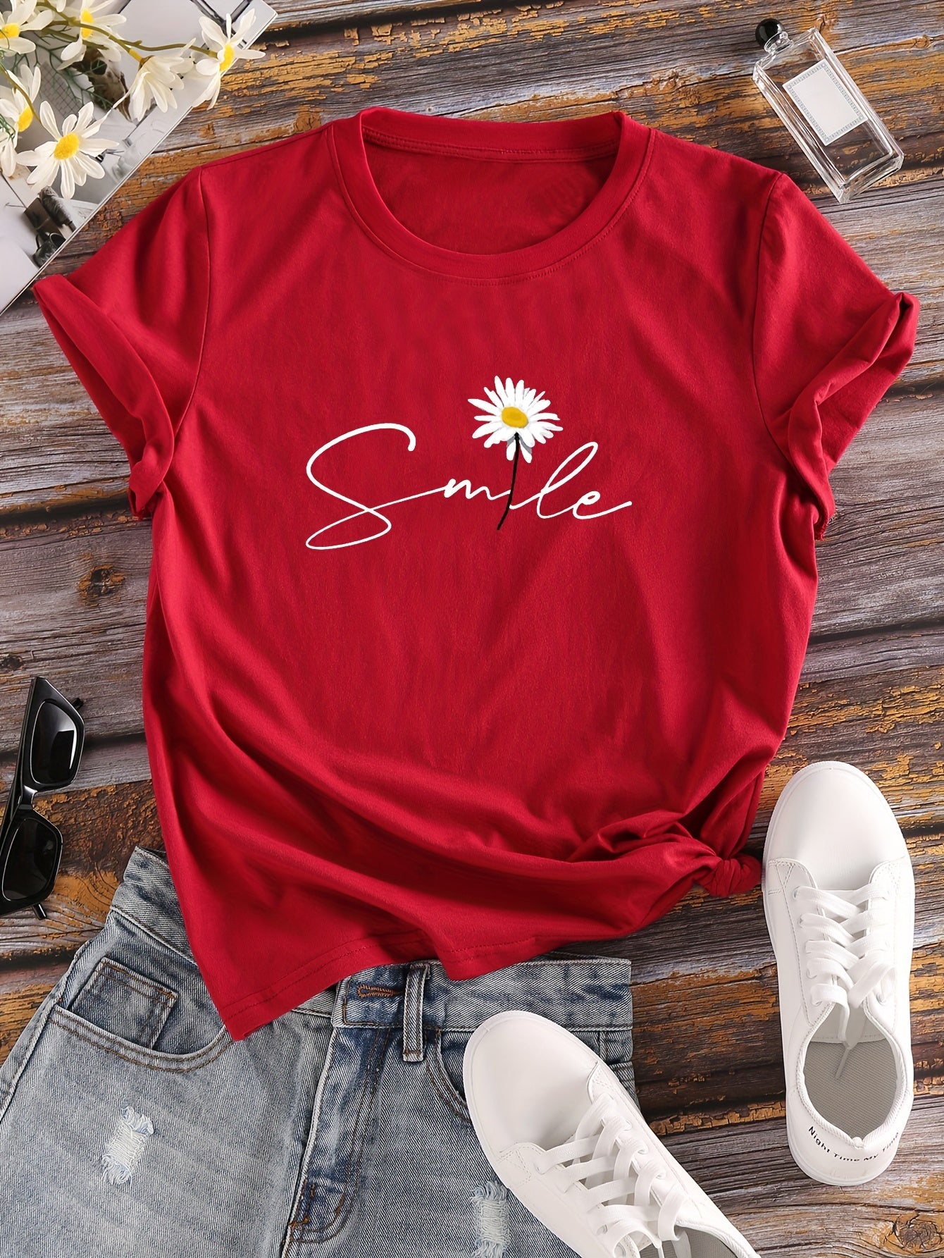 Women’s Floral & Letter Print Crew-Neck T-Shirt