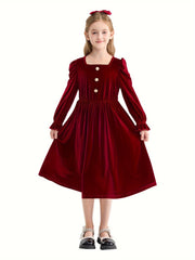 Vintage Velvet Pleated Party Dress for Girls