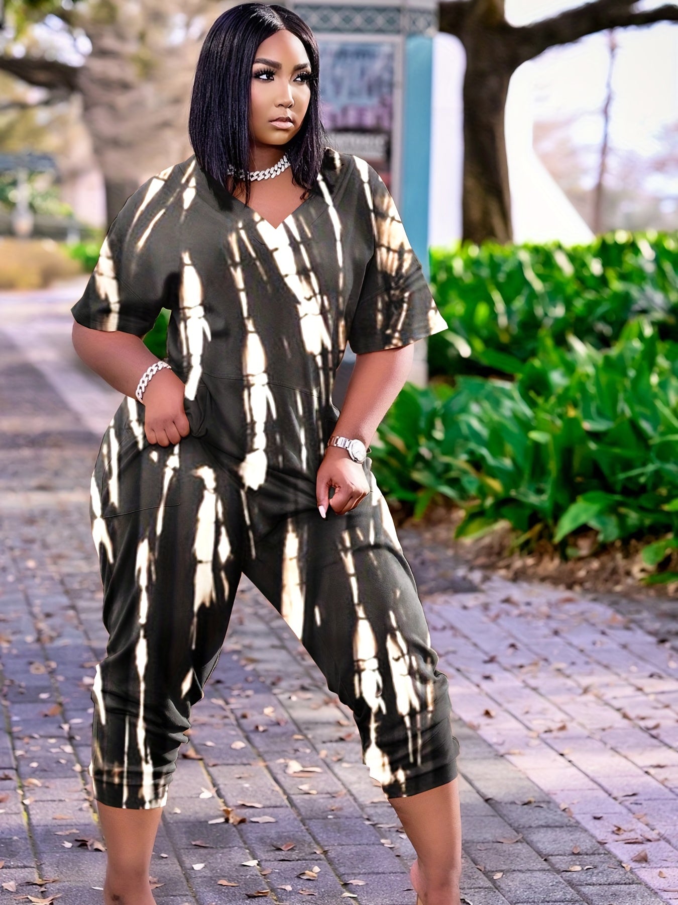 Plus Size Tie-Dye Pocket Jumpsuit