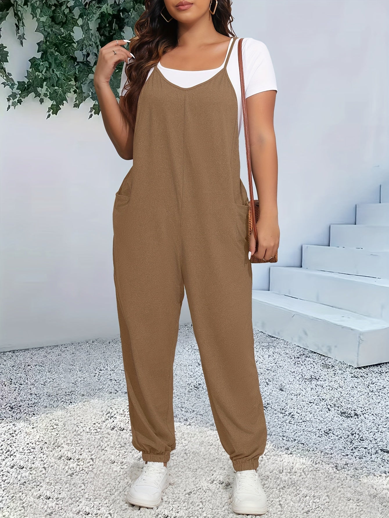 Plus Size V-Neck Cami Jumpsuit with Pockets