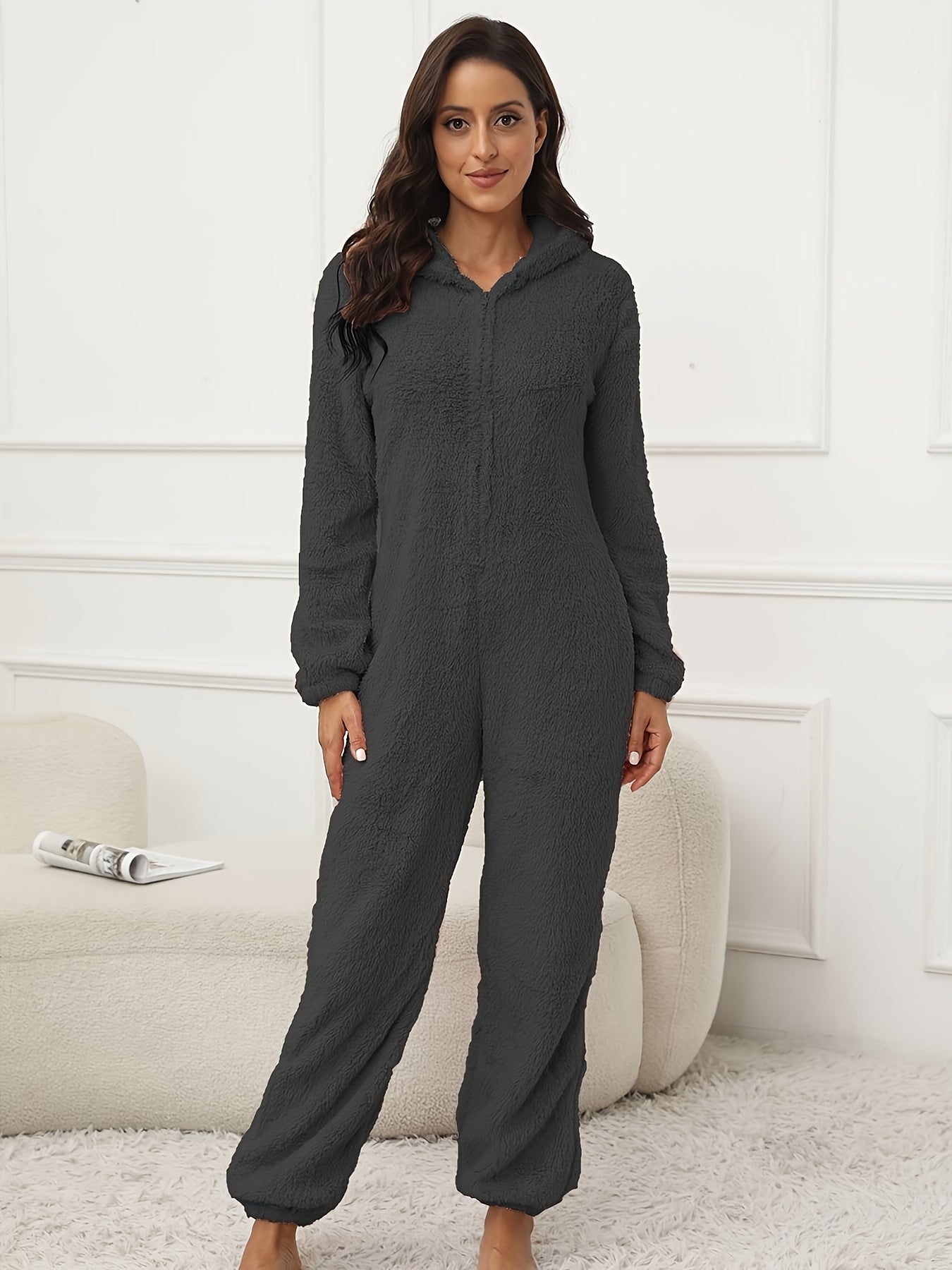 Women Hooded Fuzzy Lounge Jumpsuit