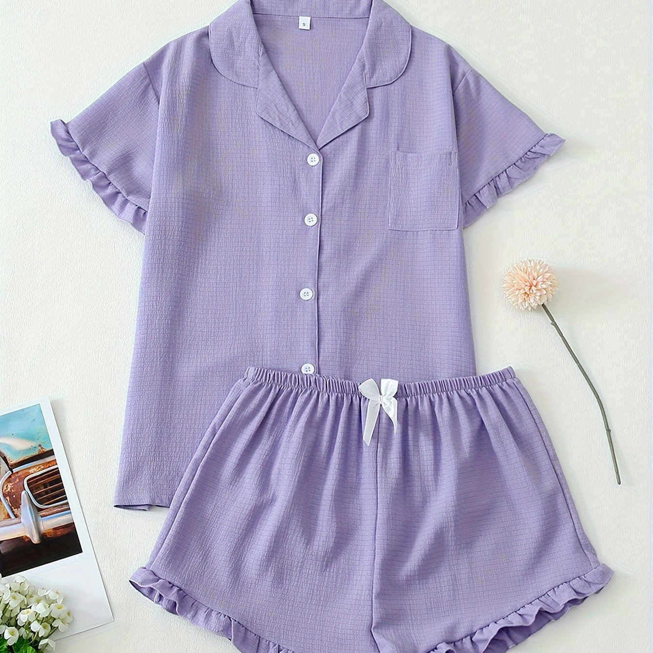 Women Ruffle Hem Pajama Shorts Set