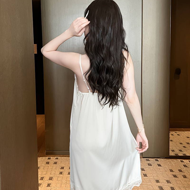 Women Satin Lace Trim Night Dress