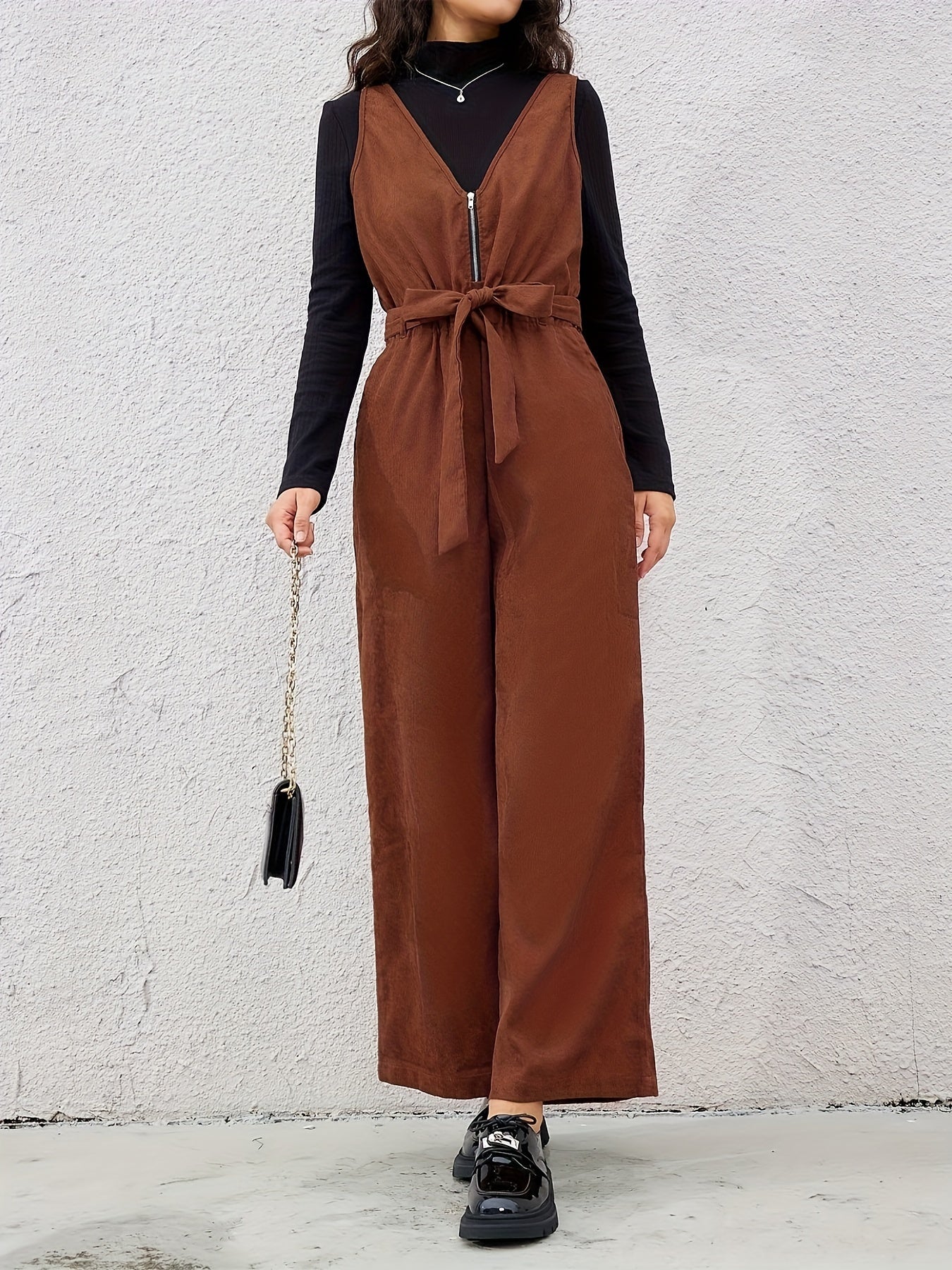 Women Belted V-Neck Zipper Jumpsuit