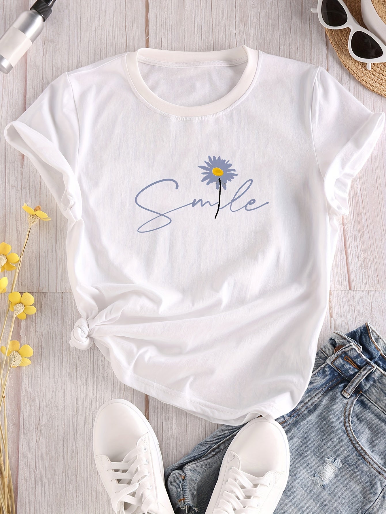 Women’s Floral & Letter Print Crew-Neck T-Shirt