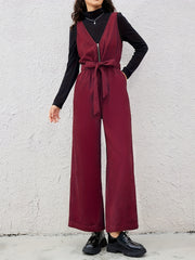 Women Belted V-Neck Zipper Jumpsuit