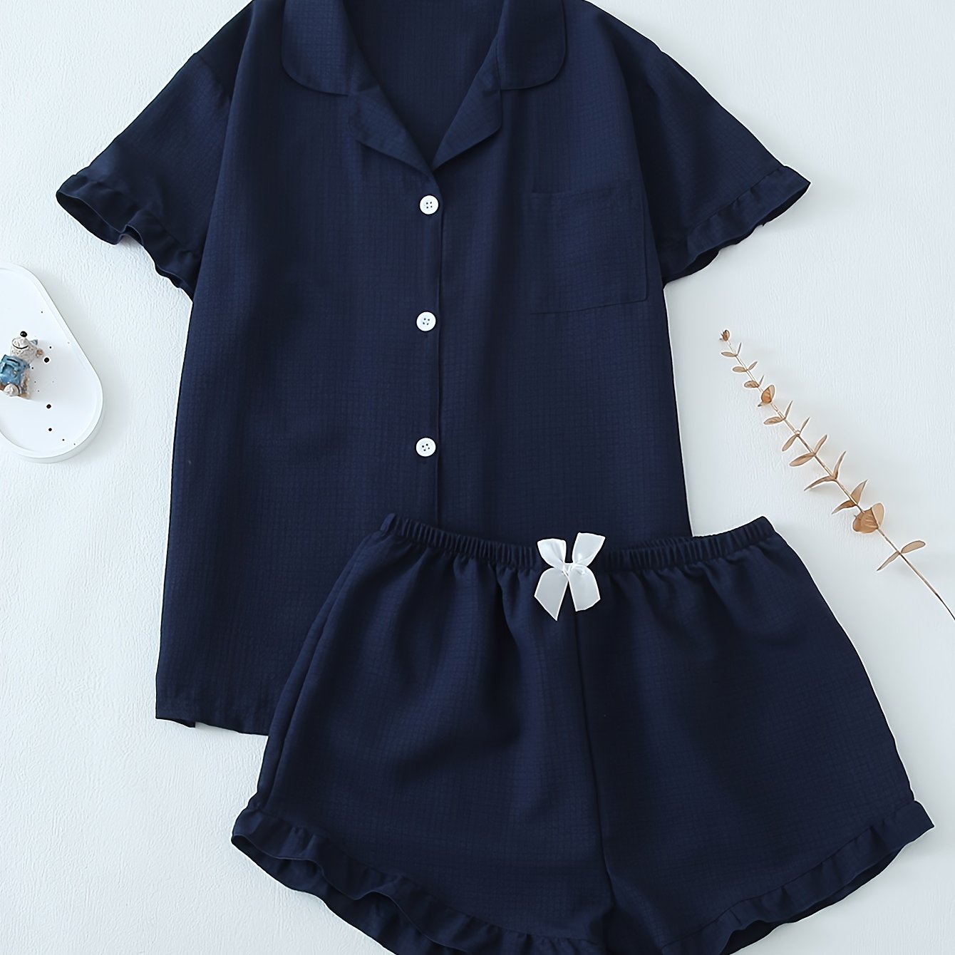 Women Ruffle Hem Pajama Shorts Set