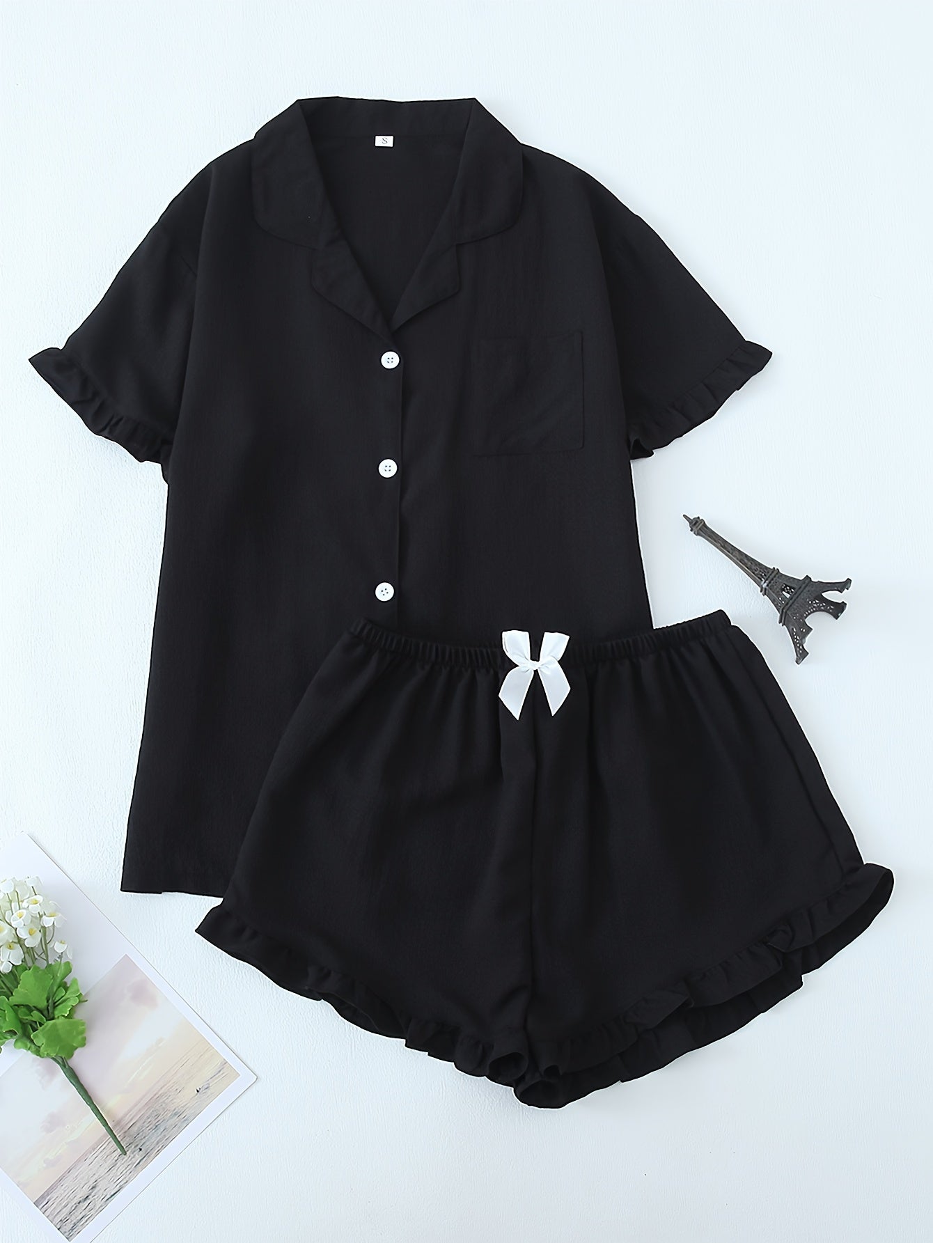 Women Ruffle Hem Pajama Shorts Set