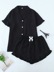 Women Ruffle Hem Pajama Shorts Set