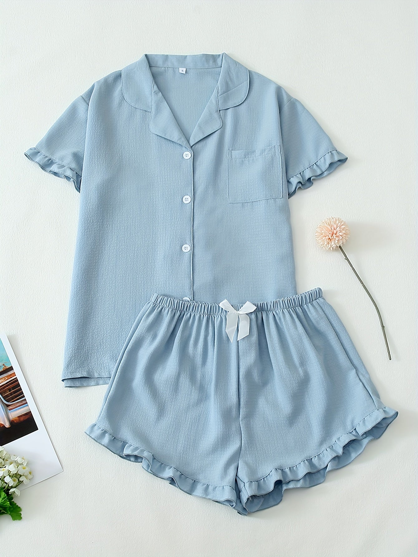 Women Ruffle Hem Pajama Shorts Set