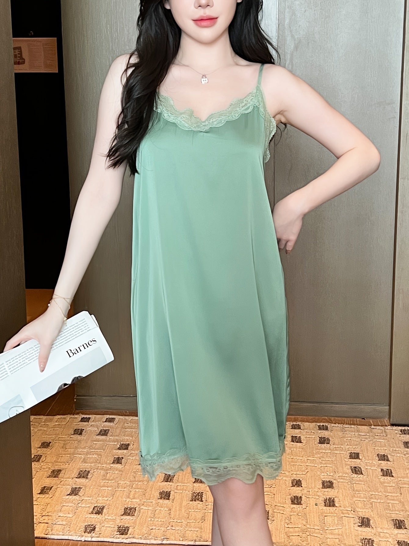 Women Satin Lace Trim Night Dress