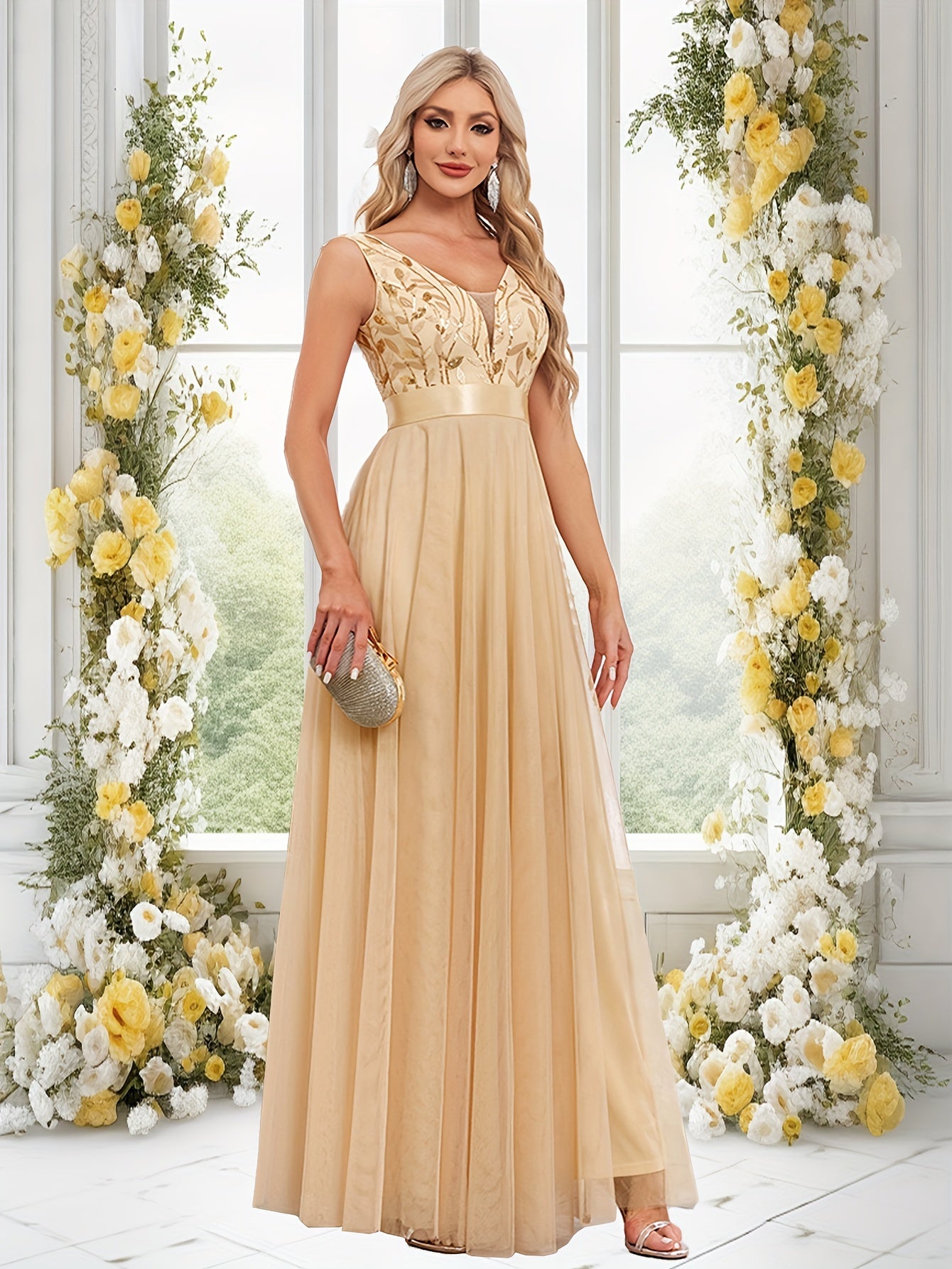 Deep V-Neck Embroidered Tulle Wedding Dress