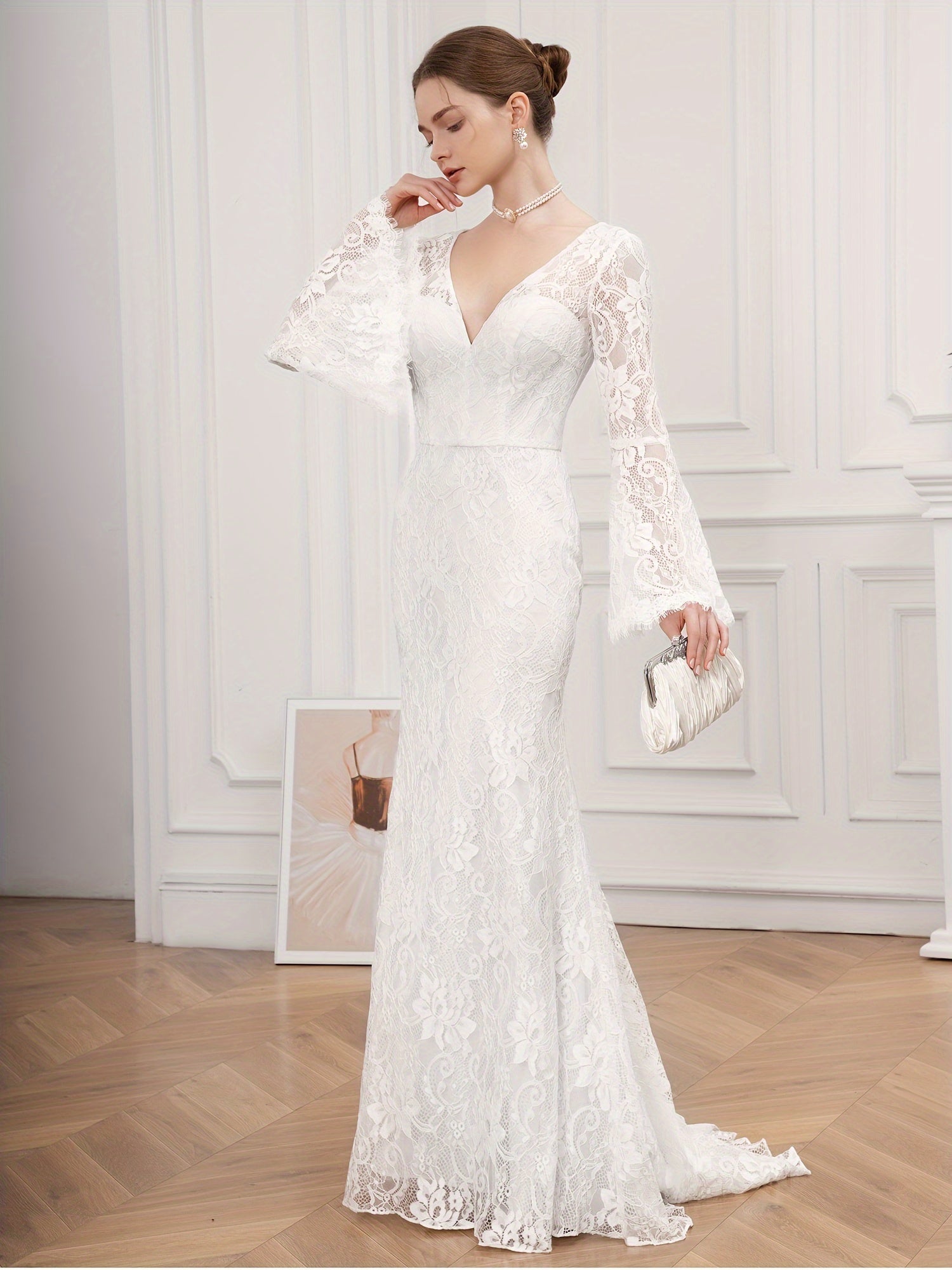 Floor-Length Lace V-Neck Wedding Dress