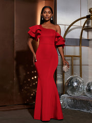 Slant Shoulder Ruffle Wedding Gown