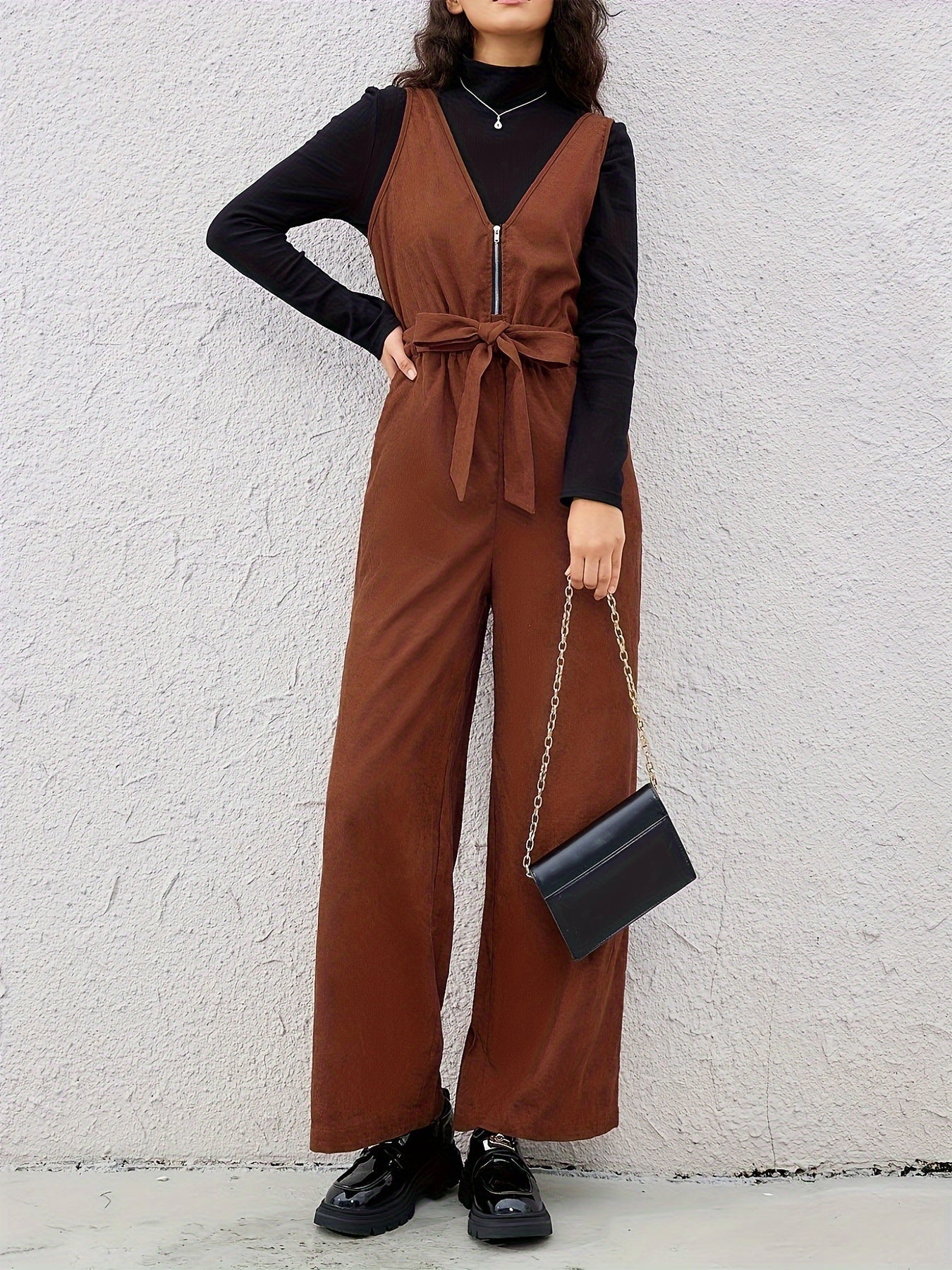 Women Belted V-Neck Zipper Jumpsuit