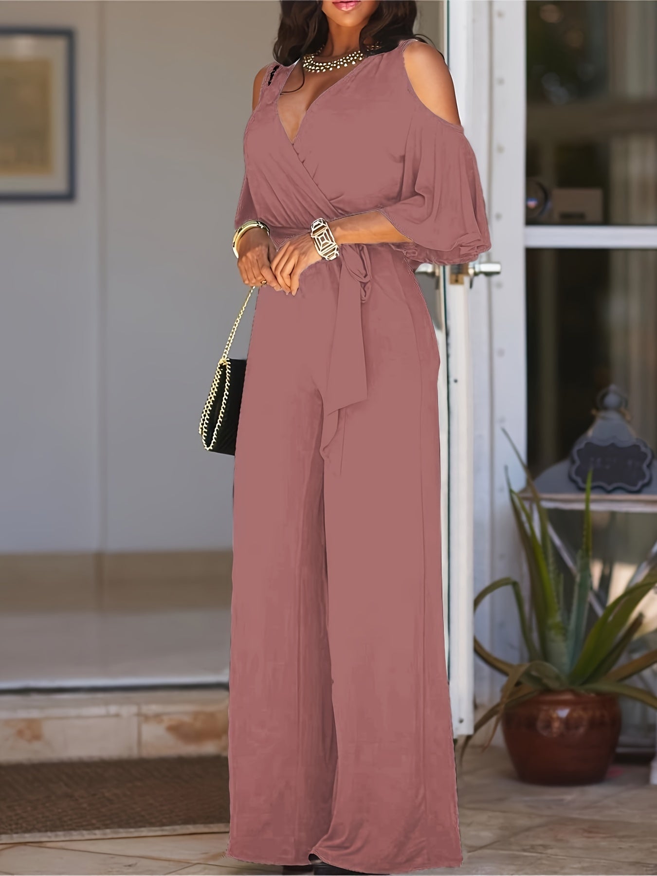 Women Cold Shoulder V-Neck Jumpsuit