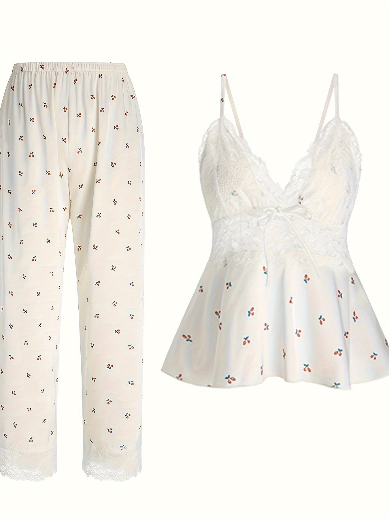 Women Cherry Print Lace Pajama Set