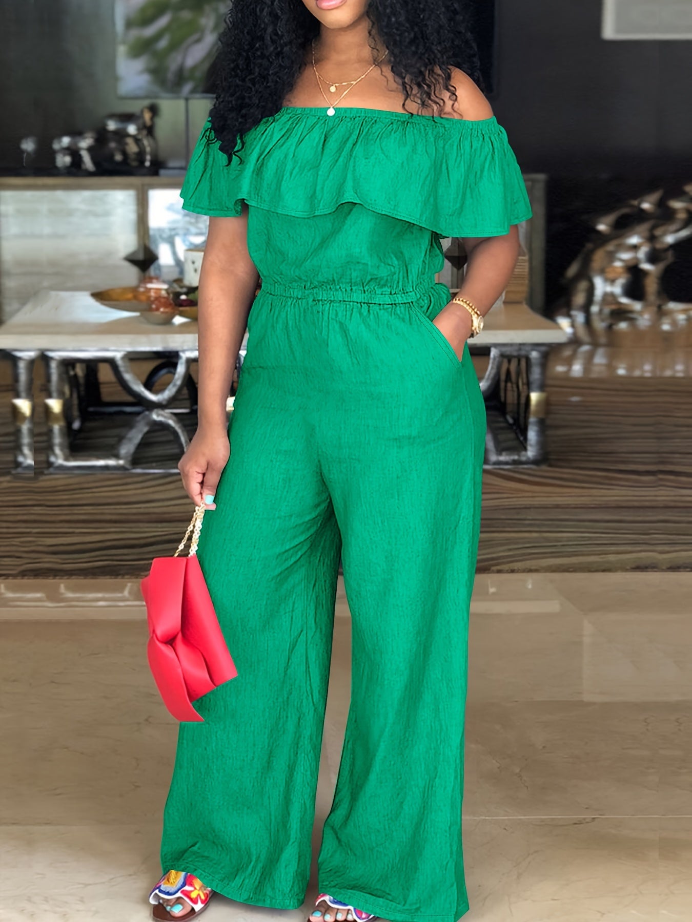 Plus Size Off Shoulder Ruffle Jumpsuit