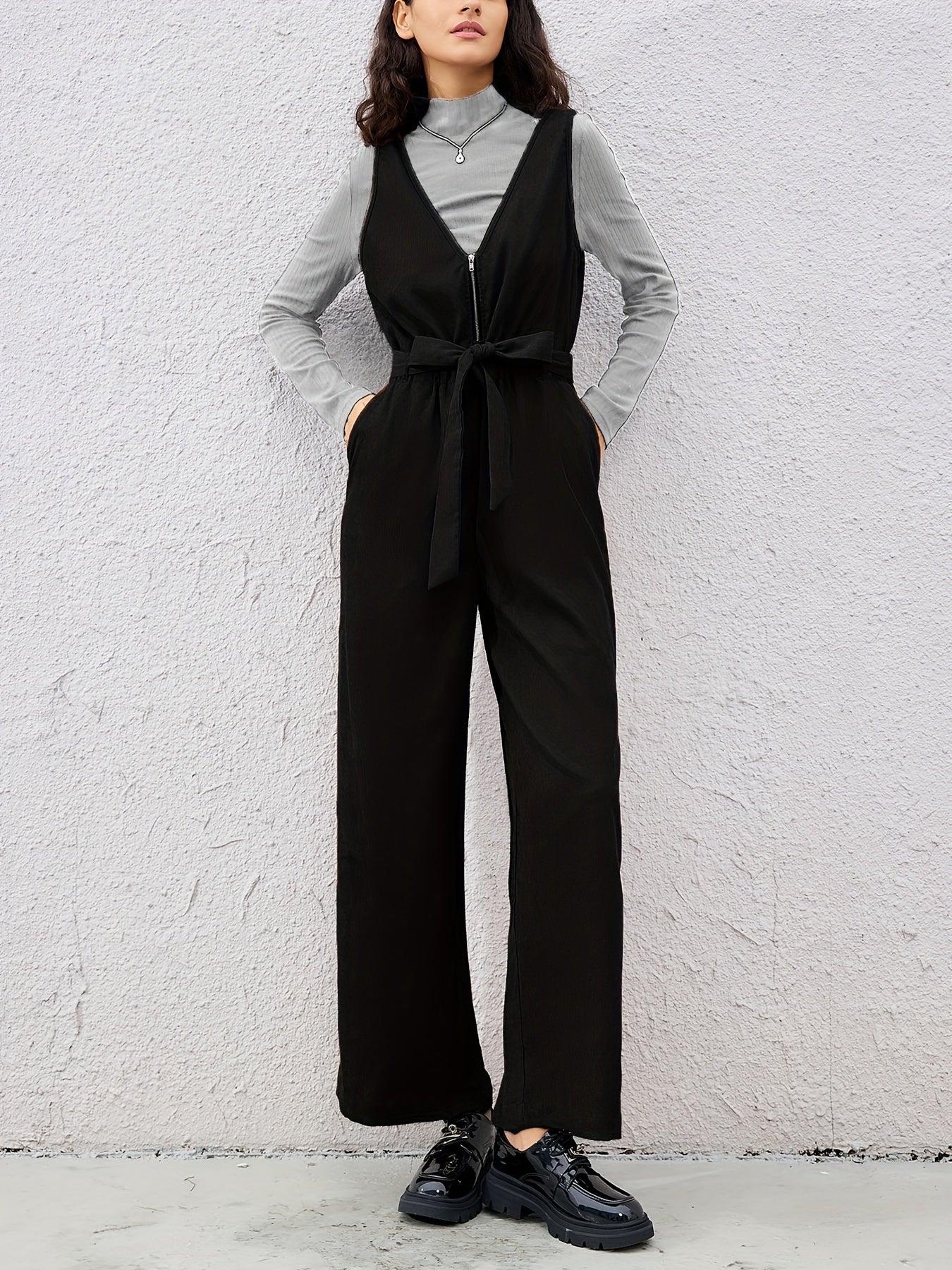 Women Belted V-Neck Zipper Jumpsuit