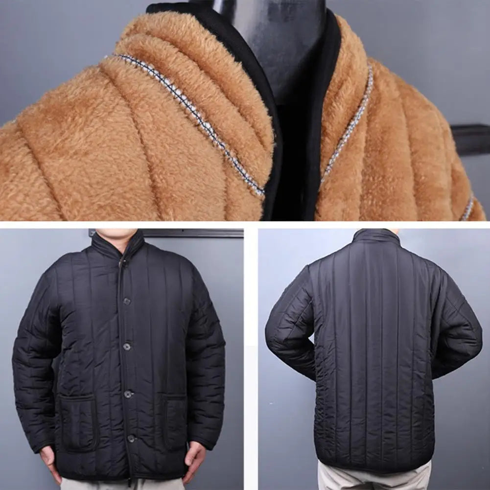 Men Coat Solid Color Single-Breasted Stand Collar Plush Winter Jacket for Daily Wear