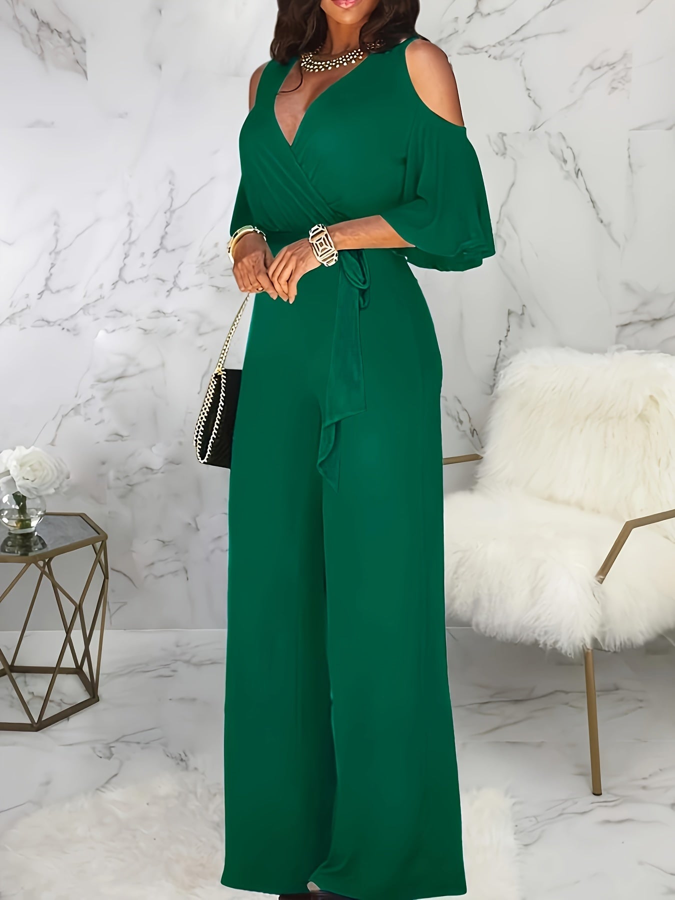 Women Cold Shoulder V-Neck Jumpsuit