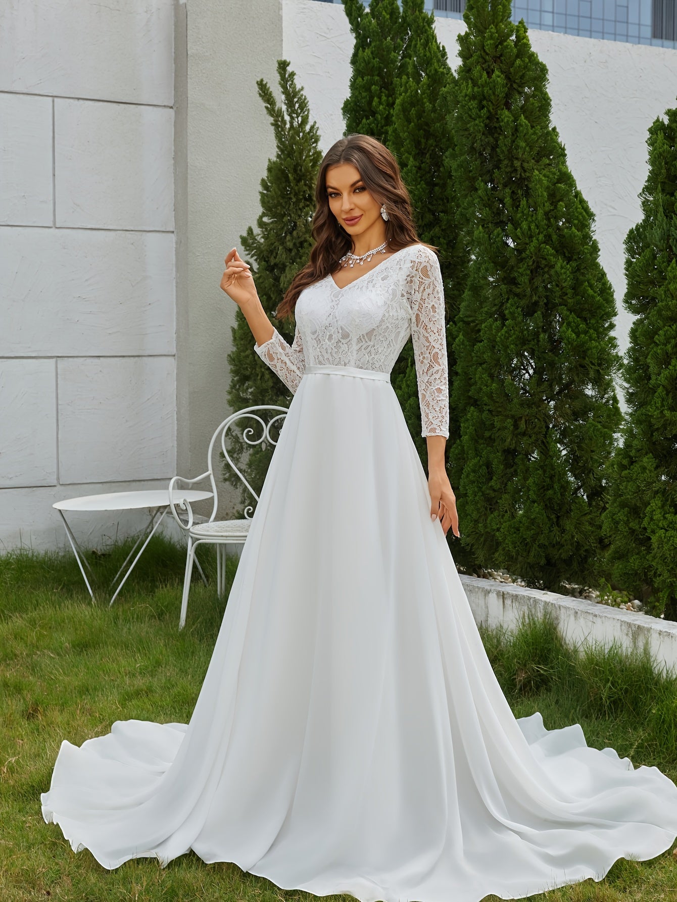 Long Sleeve Lace Backless Wedding Dress