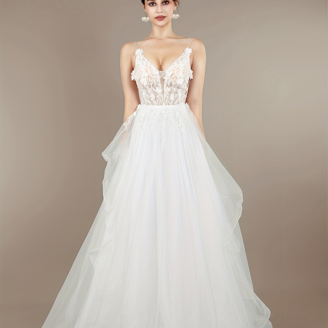 Plunging Neck Applique Wedding Cami Dress