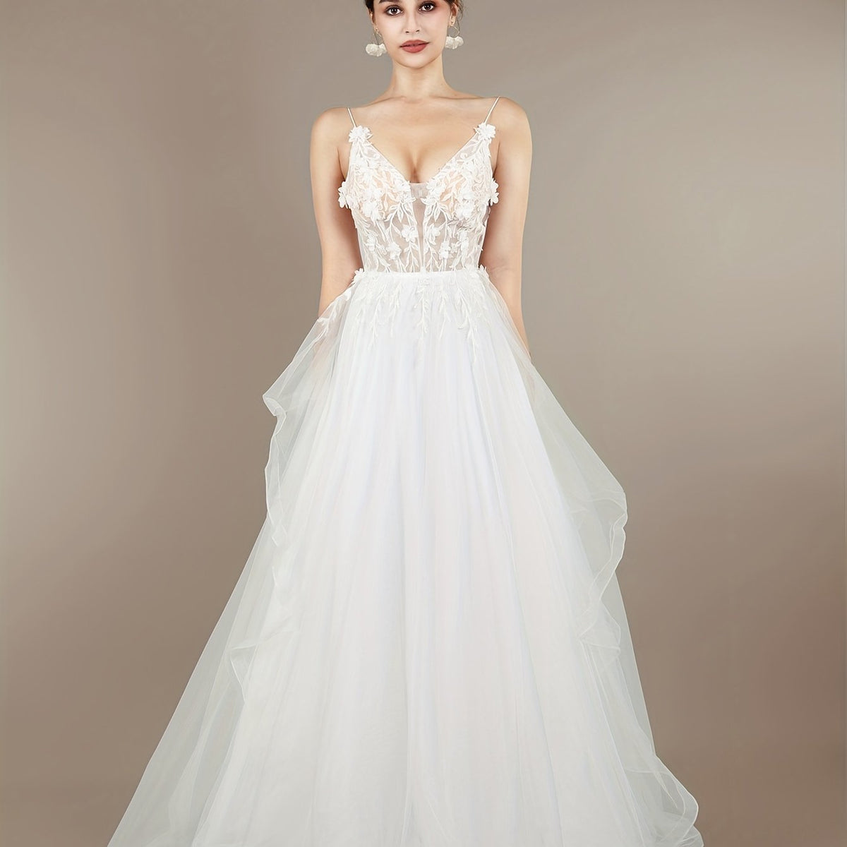 Plunging Neck Applique Wedding Cami Dress