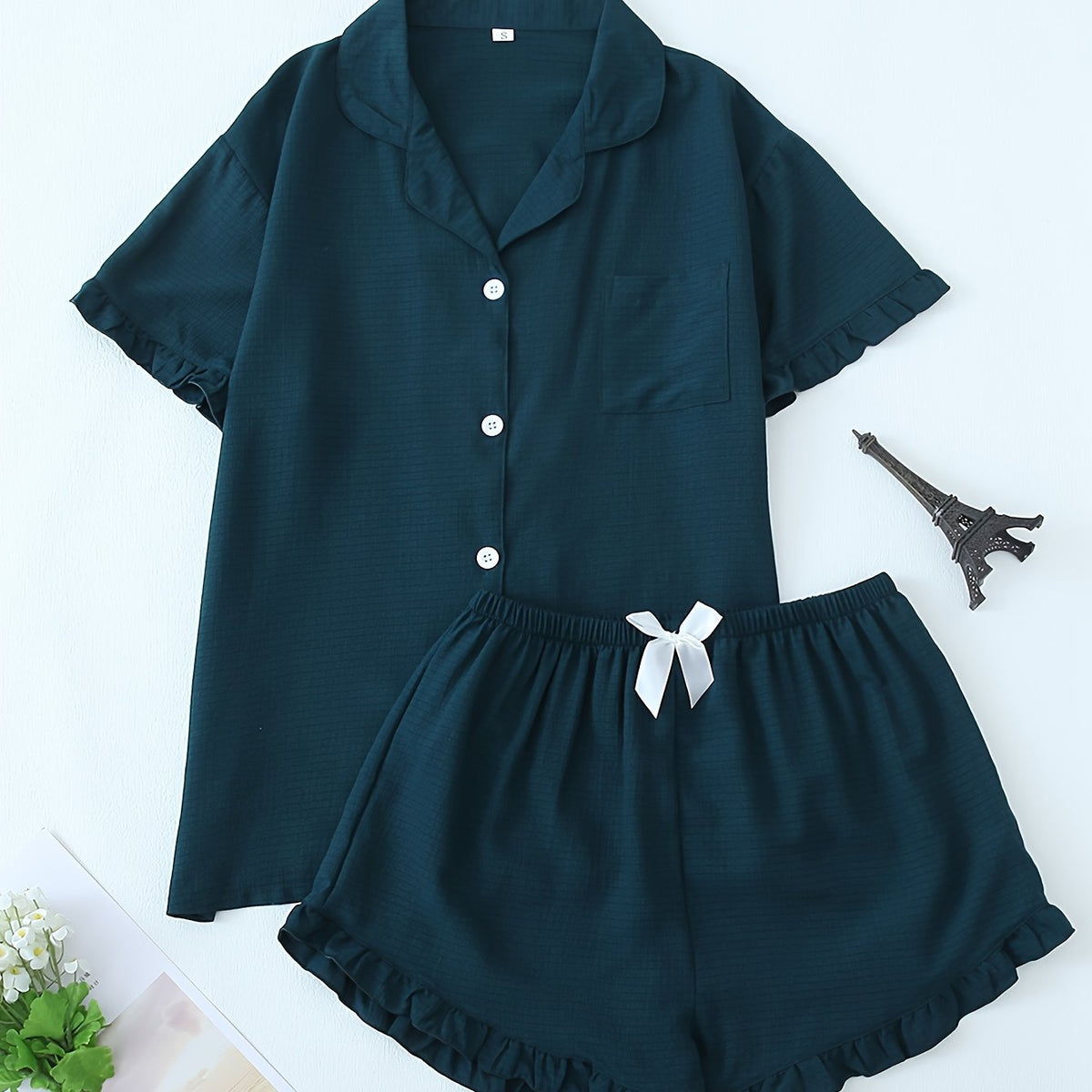 Women Ruffle Hem Pajama Shorts Set