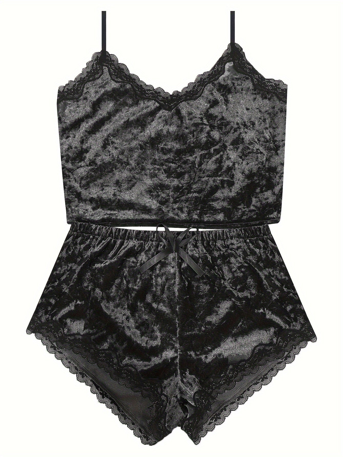 Women Lace Trim Velvet Pajama Set