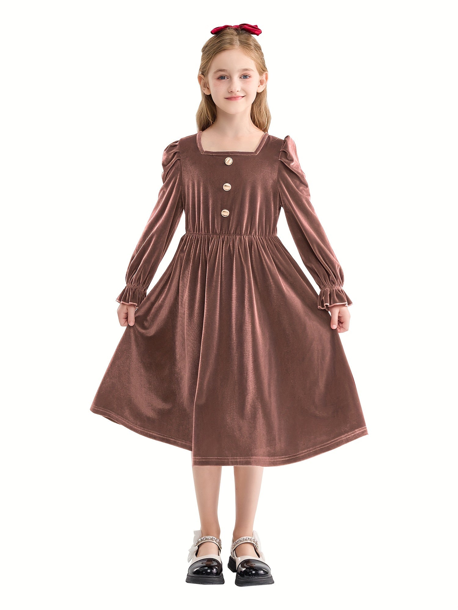 Vintage Velvet Pleated Party Dress for Girls