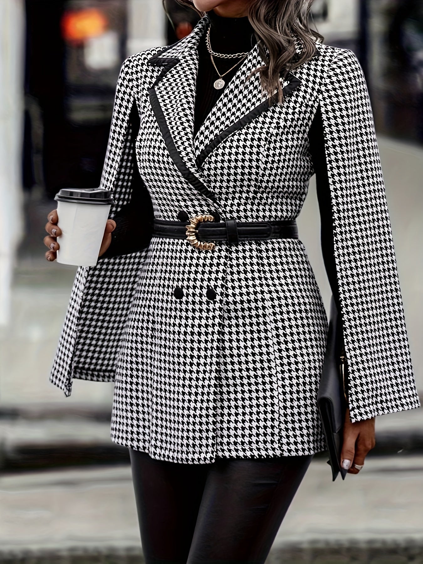 Elegant Houndstooth Cape Blazer