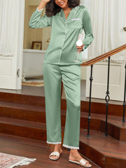 Women Satin Lace Trim Lounge Pajama Set