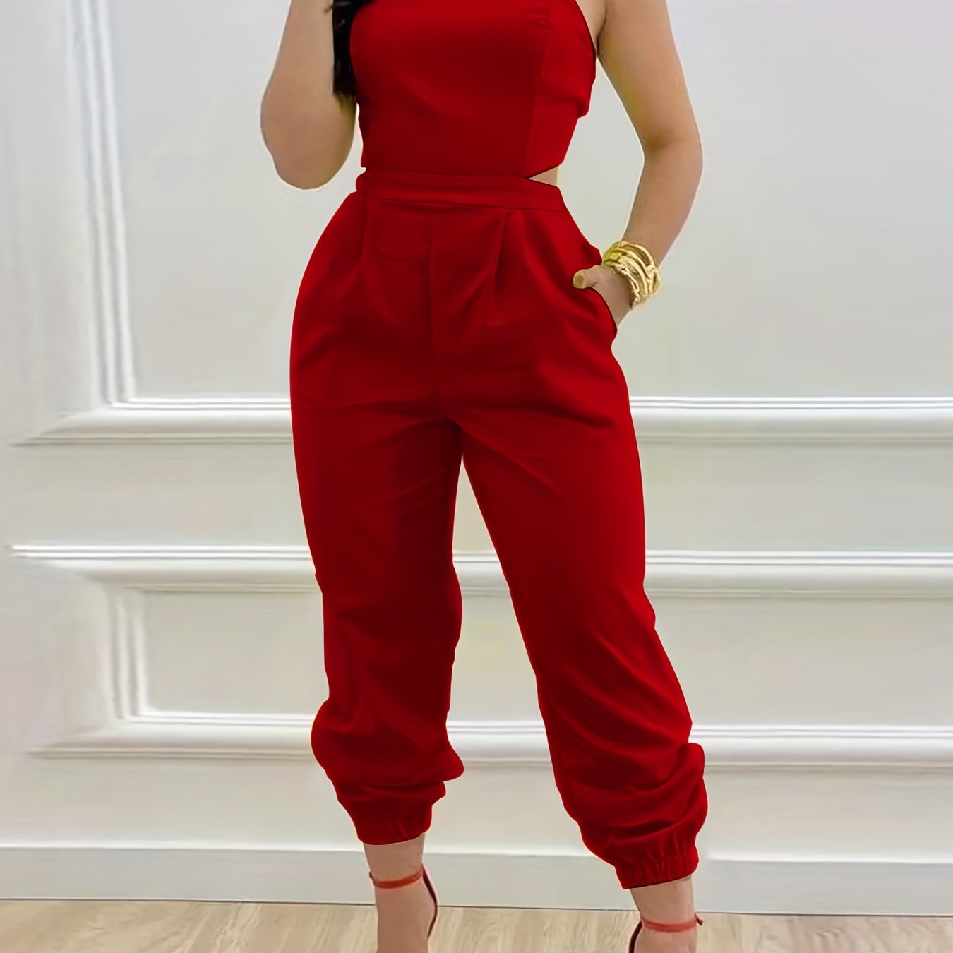 Women Backless Sleeveless Pocket Jumpsuit