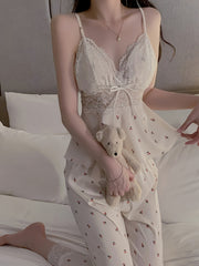 Women Cherry Print Lace Pajama Set