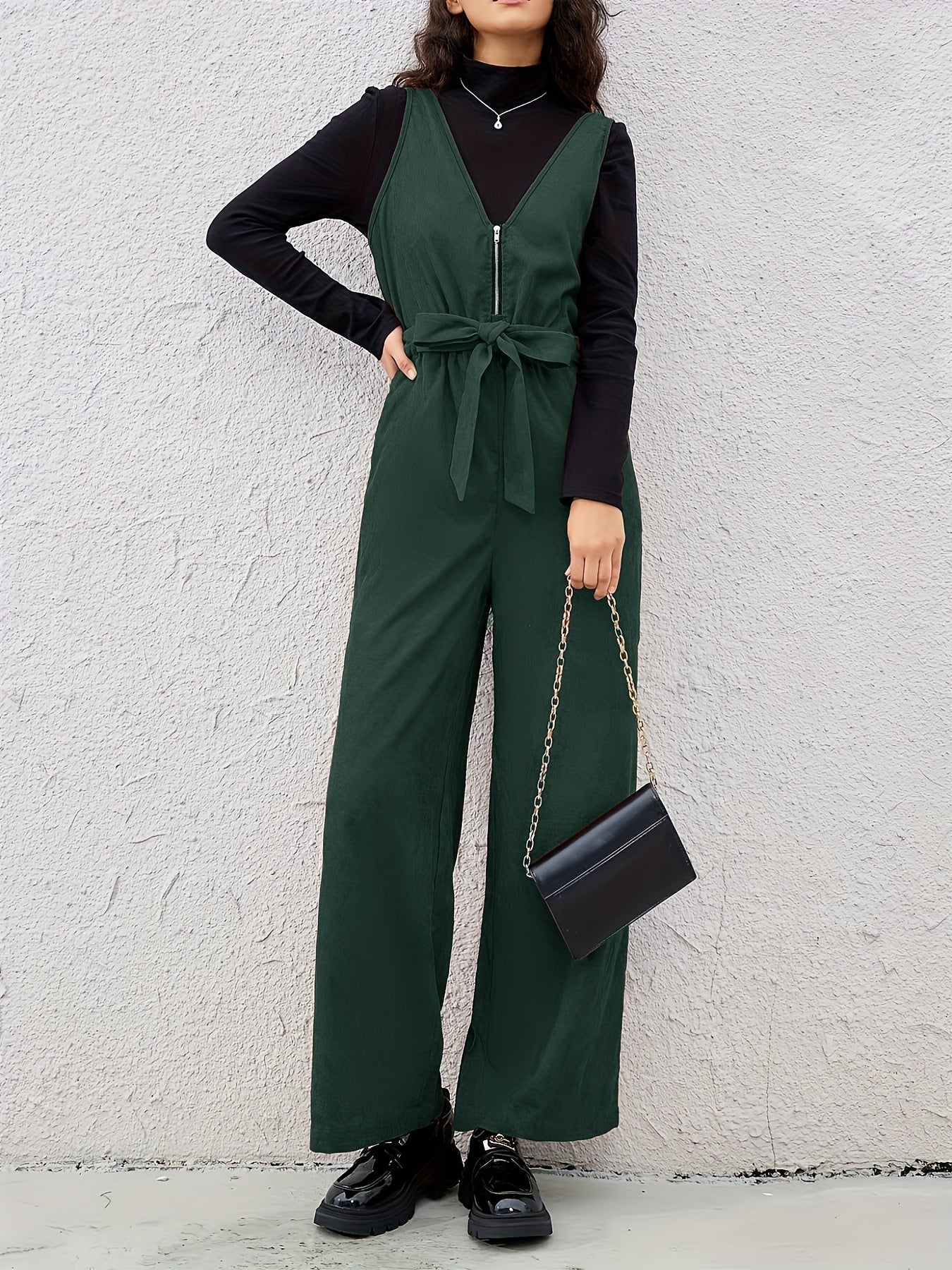 Women Belted V-Neck Zipper Jumpsuit